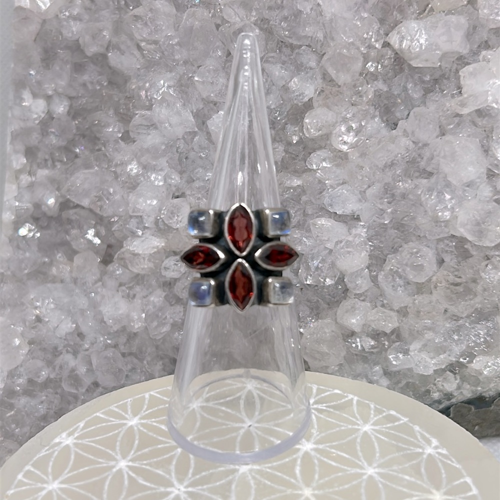 Vintage Rainbow Moonstone & Garnet  Nicky Butler Ring 925